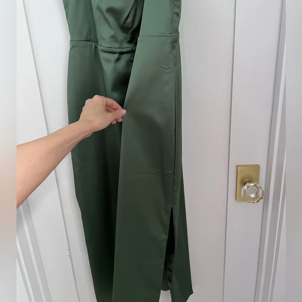 Abercrombie Sculpting Stretch Satin Midi Dress Square-Neck Olive Green - Picture 3 of 12